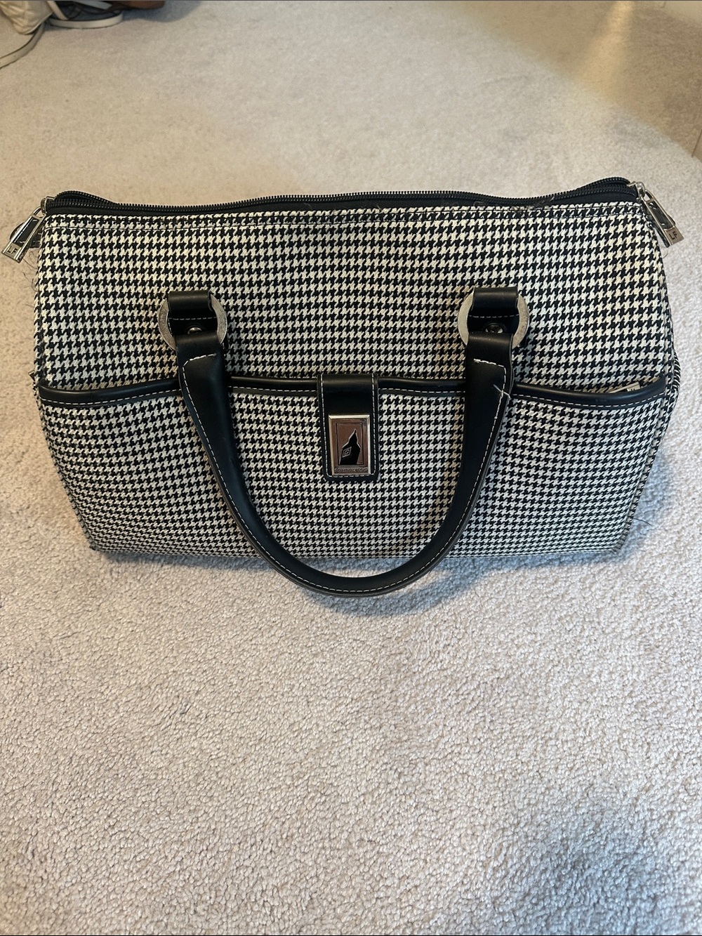 London Fog Black and White Houndstooth Travel Satchel
